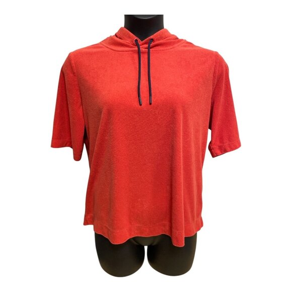 J. Jill Fit Contrasted Drawstring Short Sleeve Hoodie Blood Orange LARGE - Picture 1 of 3